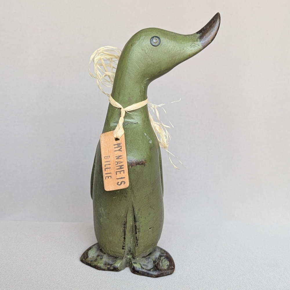 vintage Smith and Hawken Wooden Duck “My Name Is Billie” Green Hand Carved